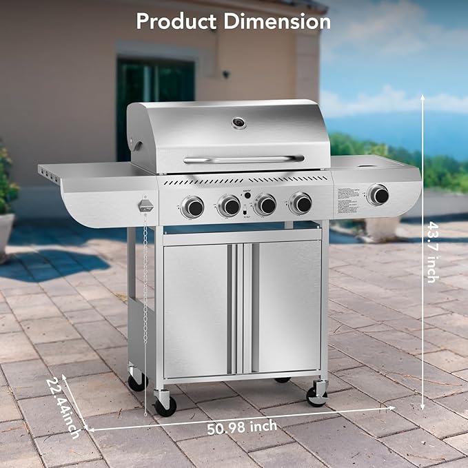 Electactic G41 Pro Gas Grill,Heavy-Duty Stainless Steel BBQ Grill,4 Burner Gas Grill with Side Burner,42000 BTU Propane Grill for Outdoor Cooking,Barbecue,Garden and Patio Backyard