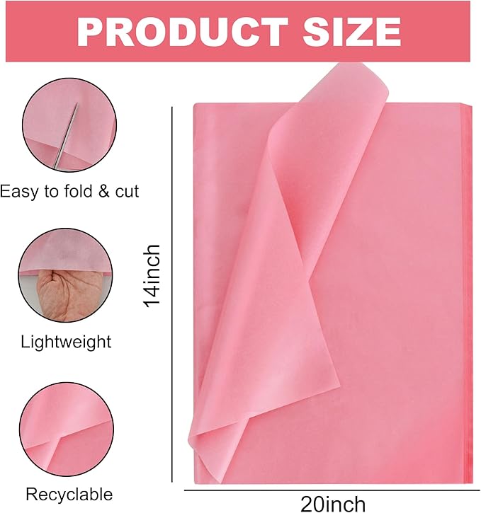 BEISHIDA 100 Sheets Dark Pink Metallic Tissue Paper Bulk, Glitter Wrapping Tissue Paper for Gift Bags, 14 x 20 Inch Gift Wrap for Birthday Wedding Graduation DIY Crafts Holiday Flowers