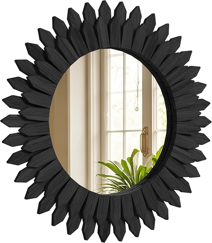 Boho Wood Sunburst Round Wall Mirror, 24 Inch Rustic Circle Wooden Frame Decorative Mirror for Farmhouse Coastal Home, Home Wall Decor for Living Room Entryway Bedroom, Light Wood