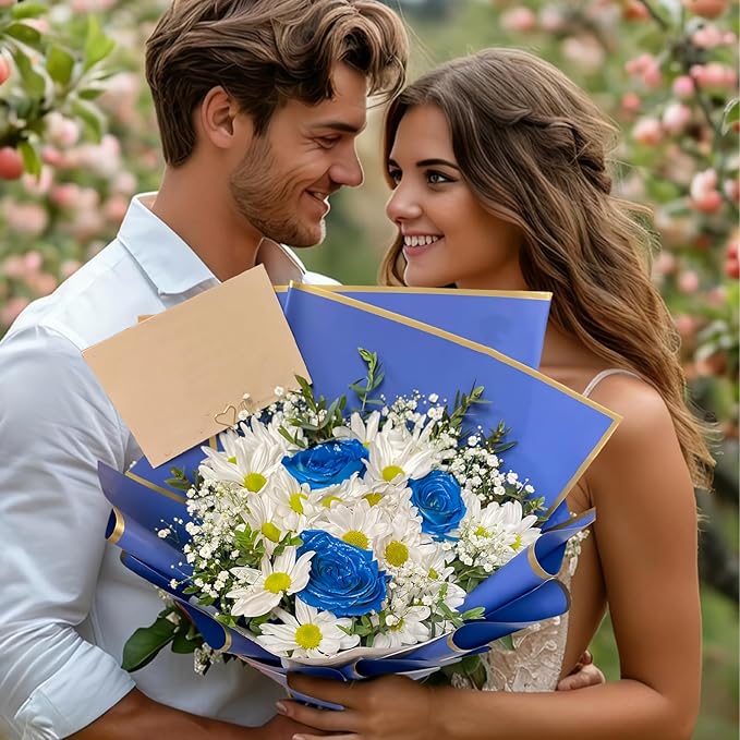 DEWJDFSC 20 Sheets Flower Wrapping Paper,Waterproof Floral Korean Bouquet Wrapping Paper, Florist Supplies, Suitable for Flowers Gift Packaging (Dark Blue)