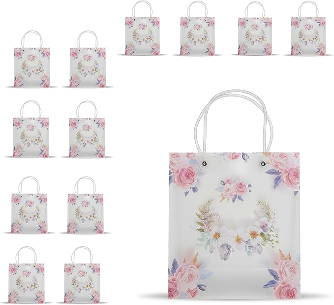 12 Pack Gift Bags with Cherry Blossom Design, Floral Plastic Totes for Wedding Favors, Party Goodies & Gifts