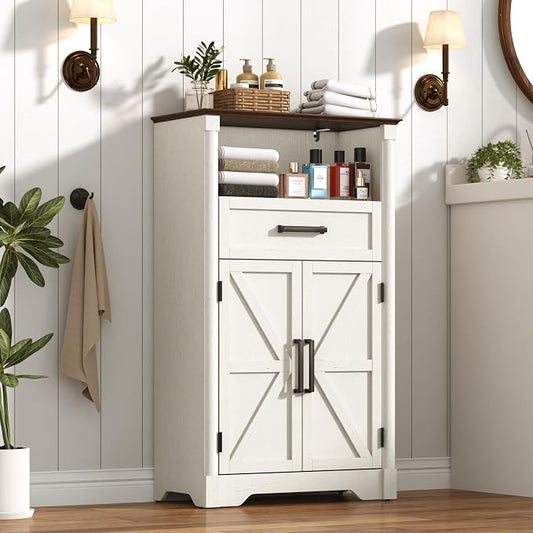 jiteentarou Farmhouse Bathroom Storage Cabinet,Bathroom Floor Storage Cabinet with Roman Column Decor,Small End Table with Barn Doors,Small Bathrooms Organizer(Rustic White)