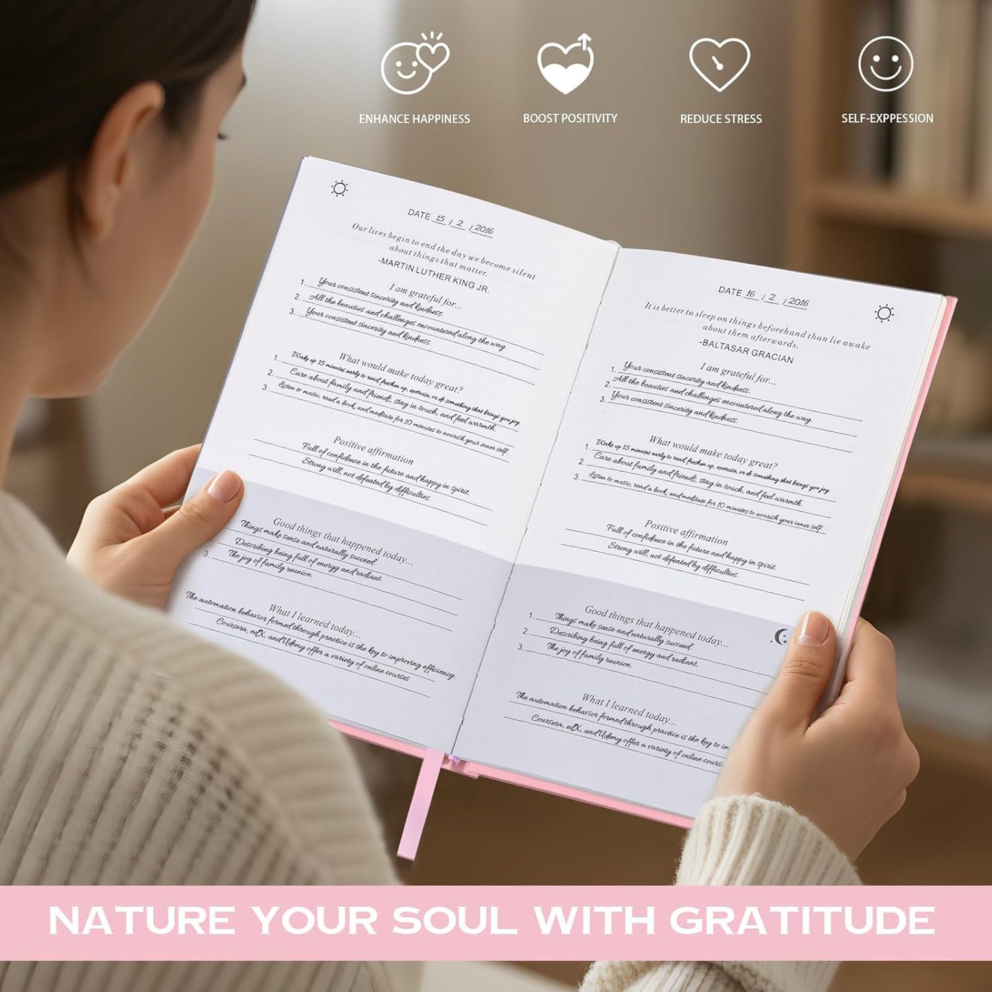 Thboxes Daily Gratitude Journal - Undated 5-Minute Journal for Happiness & Mindfulness | Light Pink, 8.4 x 5.7 Inch