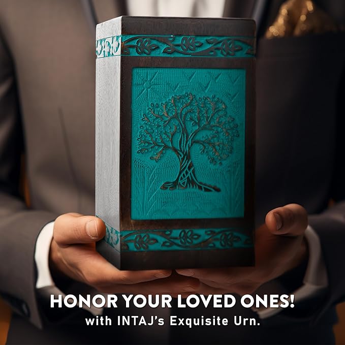 INTAJ Cremation Urn for Human Ashes - Wooden Urn Box for Ashes Handcrafted - Tree of Life Memorial Urn Funeral Cremation Urns (Teal Green, X-Large (250lbs or 115kg))