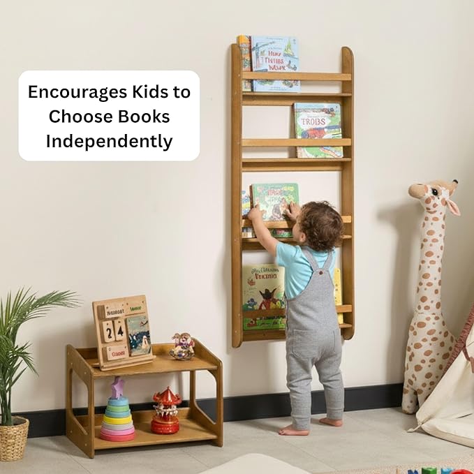 Montessori Wall-Mounted Bookshelf for Toddlers Toy Storage Shelf Organizer for Playroom and Classroom Floor Bookshelves for Kids Room (Oak, L, 4)