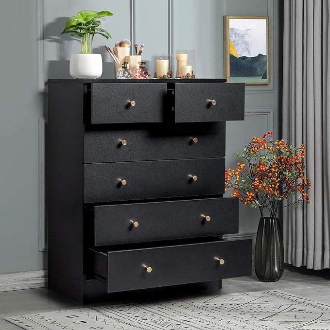 Karl home Black 6 Drawer Dresser for Bedroom, Tall Dresser Chest of Drawers, Wood Bedroom Dressers Clothes Organizer, Anti-Tipping Device, Rose Gold Metal Handle, Living Room, Entryway, Office