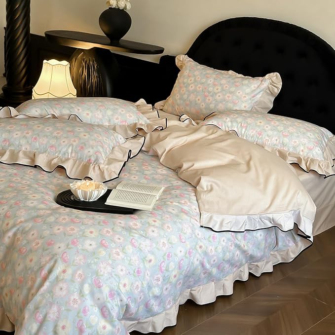 HighBuy Pink White Floral Duvet Cover Twin XL Ruffle Lace Design,Premium Brushed Cotton Durable with Beige Lace Edge Coquette Rose Floral Comforter Cover Set for College,Farmhouse Bedding Set