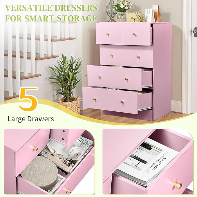 Karl home Pink 5 Drawer Dresser for Bedroom, Tall Dresser Chest of Drawers, Rustic Wood Bedroom Dressers Clothes Organizer, Anti-Tipping Device, Rose Gold Metal Handle, Living Room, Entryway, Office