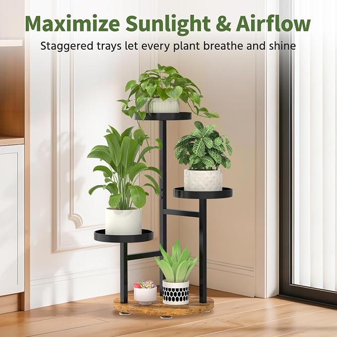 LASZOLA 3 Tier Metal Plant Stand for Indoor Corner, Heavy Duty Wooden Flower Holder Rack for Mutiple Plants, Planter Display Shelf for Patio Garden Balcony Living Room, Black