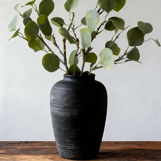 Large Ceramic Vase, 10.24 inch Minimalist Vase for Home Decor, Handmade Farmhouse Flower Vase for Table Centerpiece, Wedding, Living Room, Kitchen Decoration, Shelf Decor (Black)