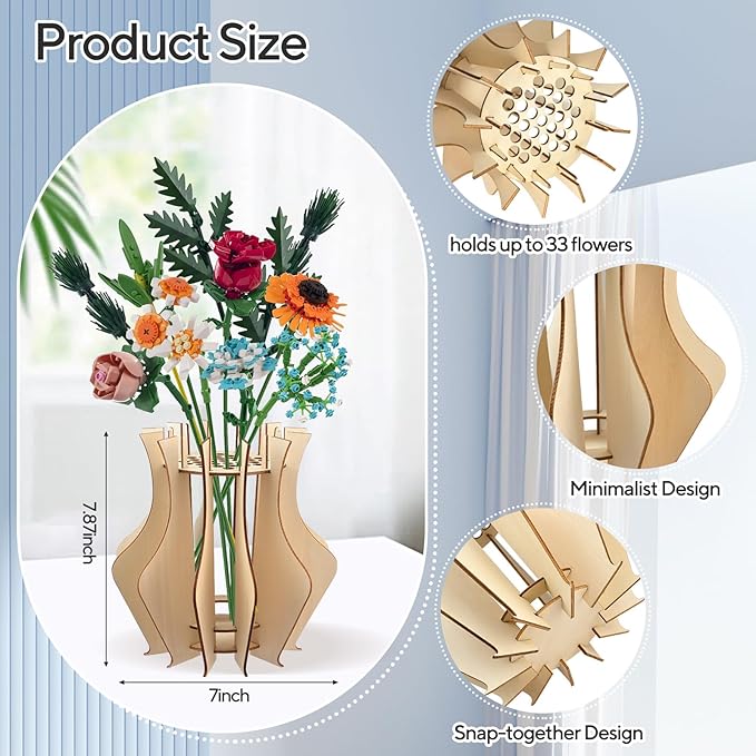 Wooden Vase for Lego Flowers - Wooden Vase for Lego Bouquet, Wood Vases Puzzle Set for LegoRoses Sunflower Tulips, Vases Kit for Artificial Bouquet Arrangement Home and Office Decoration (Wood)
