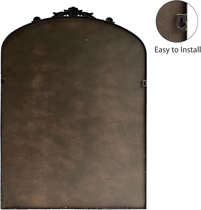 OUSHUAI Black Ornate Mirror for Wall, Traditional Vintage Ornate Baroque Mirrors,Victorian Antique Bronze Full Matel Frame,Arched Mirror for Entryway/Bathroom/Fireplace 24"X36"