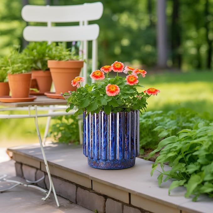 Ceramicfor Ceramic Planter, 9.6 Inch, Blue | Round Flower Pot, Drainage Hole, Large Fluted Modern Design, Indoor Outdoor Use