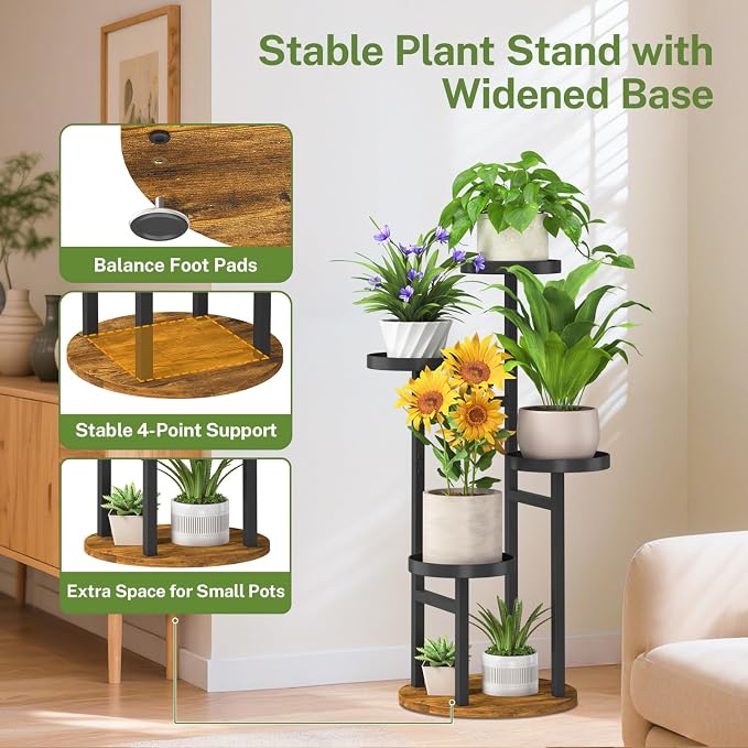 iDavosic.ly 4 Tier Plant Stand Indoor, Tiered Corner Metal Wood Multiple Flower Holder Shelf, Tall Orchid Display Rack for Patio Porch Living Room Balcony Outdoor, Brown