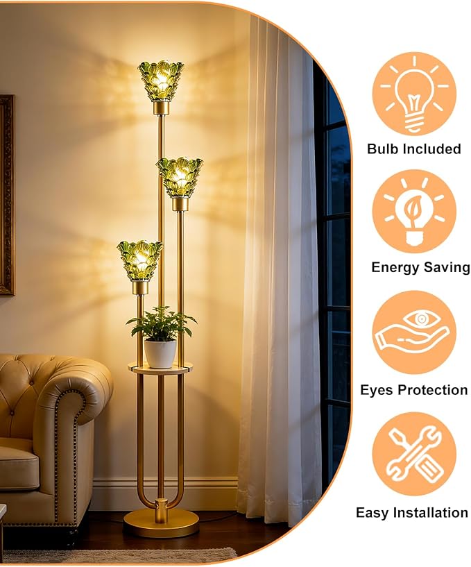 3-Light Modern Glass Floor Lamp with Shelf, Gold Tall Standing Lamp with Green Flower Glass Shade, LED Floor Lamp with Foot Switch& 5Lbs Heavy Base for Living Room Bedroom, Bulb Included