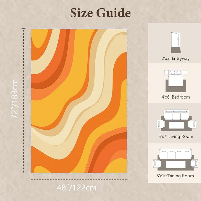 Sunset Flow Area Rug 4x6, Modern Abstract Wave Rug, Retro Orange Neutral Carpet for Living Room Bedroom, Soft Non Slip Washable Rug