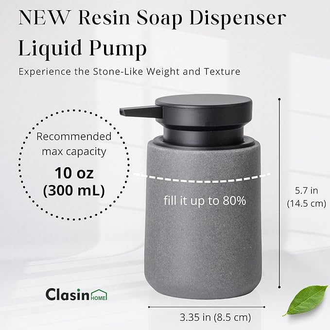 Clasin Home Liquid Soap Dispenser with Easy-to-Press Pump, 10 oz Refillable Hand Soap Dispenser with Extended Spout for Bathroom Kitchen Dish Lotion, Modern Stone Texture (Gray)