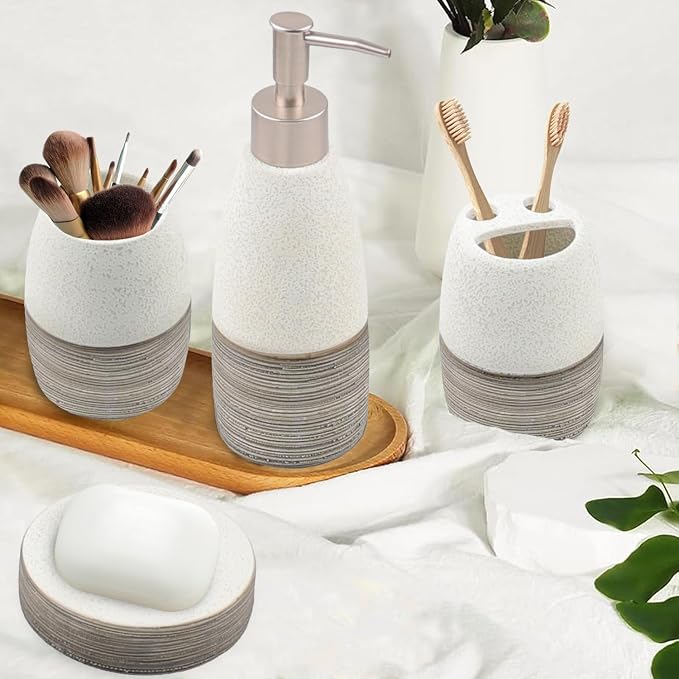 CERBIOR Bathroom Accessories Set,4 Pcs Ceramic Bathroom Decor Accessory,Includes Toothbrush Holder, Toothbrush Cup, Soap Dish for Decorative Countertop and Housewarming Gift, (Grey White)