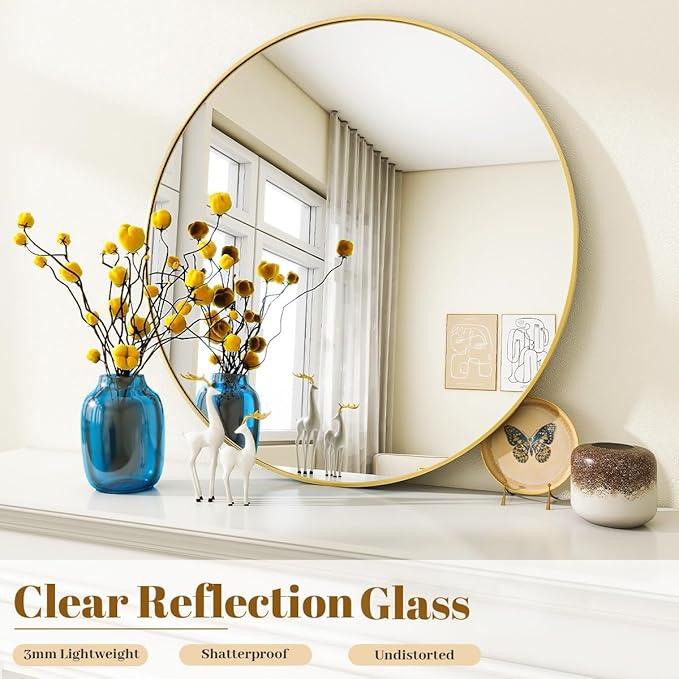 VooBang Gold Round Bathroom Mirror, 30 inch Circle Wall Mounted Hanging Mirror with Simple Modern Circular Metal Frame for Hallway, Entryway, Living Room, Gold Frame