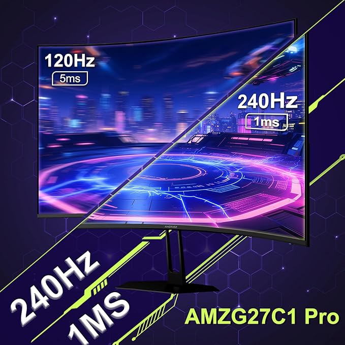 Amzfast 27 inch 240Hz Curved Gaming Monitor, FHD 1080P Monitor Gaming with Upgraded Built-in Speakers, MPRT 1ms with Fast VA Panel | 130% sRGB, 4000:1,1500R | 12 Months Warranty Exchange
