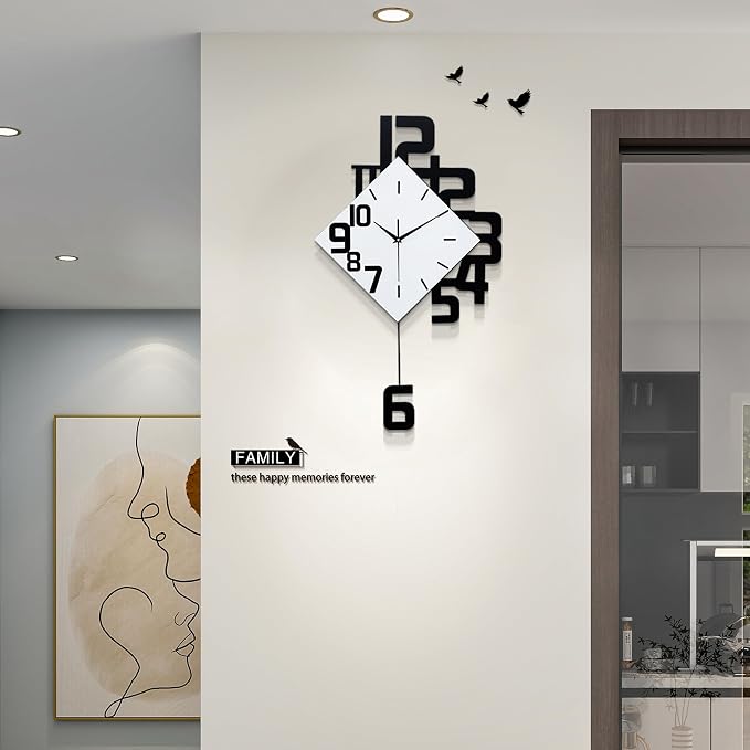 FLEBLE Modern Wall Clocks for Living Room Decor Large Decorative Wall Clock with Pendulum Battery Operated for Bedroom Office Kitchen Home Black Wood Silent Small Wall Clock Non Ticking