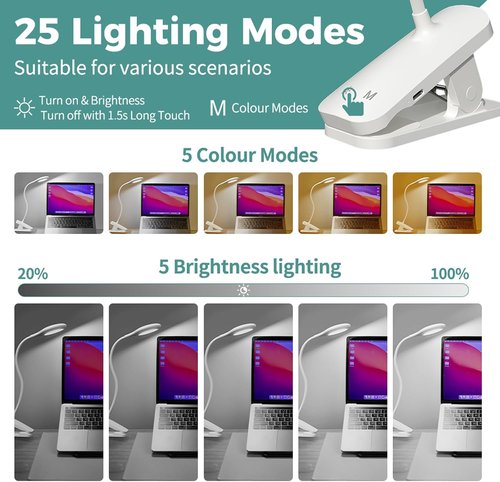 CUHIOY Clip-On Reading Light - Rechargeable LED Desk Lamp with Flexible Neck & Touch Control | 5 Colors, 5 Brightness Levels