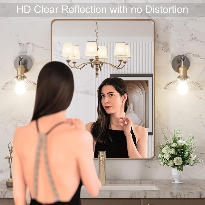 LOAAO 20”X30” Gold Bathroom Mirror, Rounded Rectangle Gold Frame Mirror, Brushed Gold Bathroom Vanity Mirror Wall-Mounted, Anti-Rust, Hangs Horizontally or Vertically