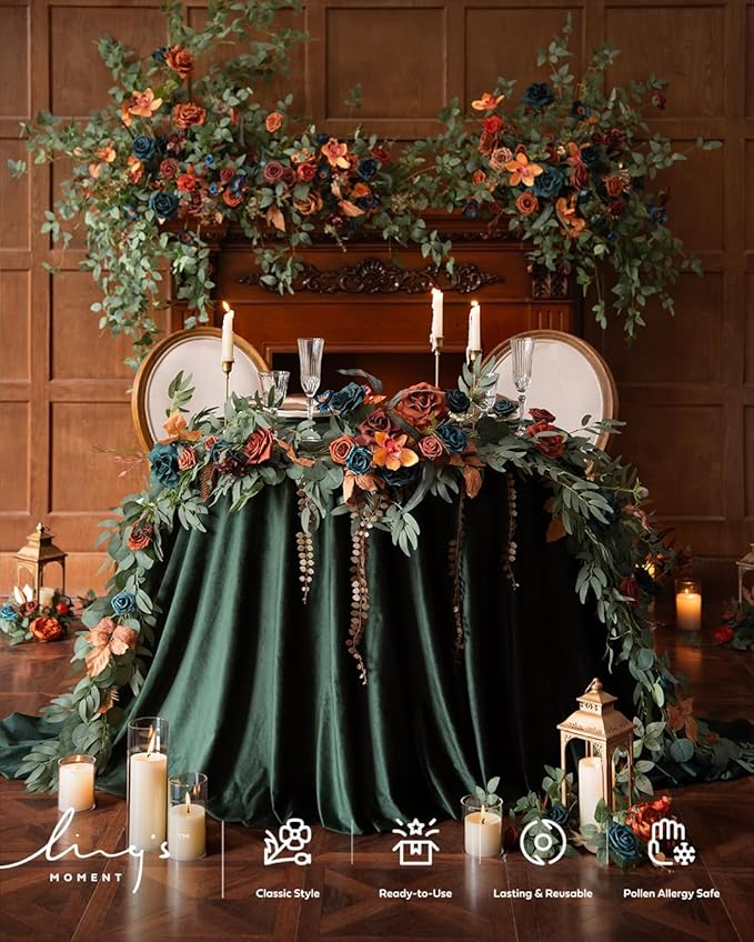 Ling's moment Flower Garland - 6FT Eucalyptus & Rose - Sweetheart Table Decor for Wedding Reception, Artificial Floral Garland for Mantle, Christmas Decoration, Dark Teal & Burnt Orange