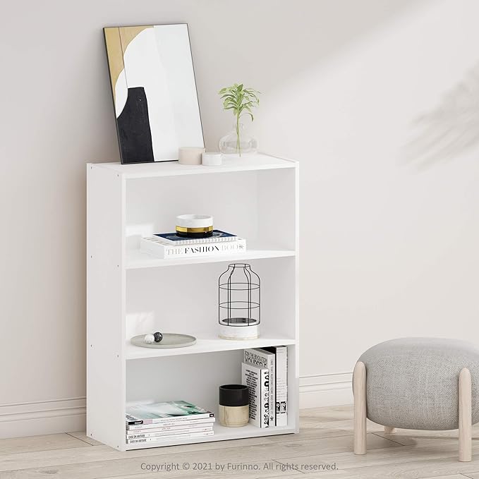 Furinno PASIR Book Shelf, 3-Tier Bookshelf, Storage Shelves Bookcase, 9.7 x 23.7 x 31.5, for Living Room, Bedroom, Home Office, Plain White