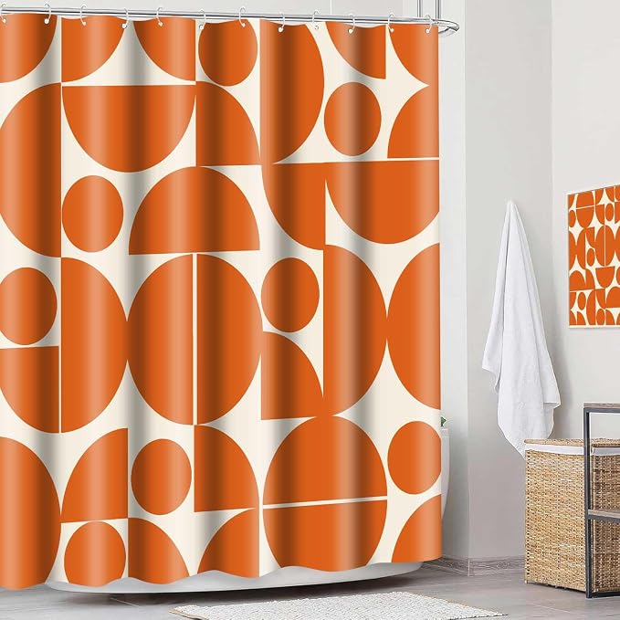 Vintage Orange Mid Century Modern Shower Curtain Boho Abstract Geometric Art Shower Curtains for Bathroom Decor 72x72 Inch 70s 80s Retro Washable Fabric Bathroom Set with 12 Hooks