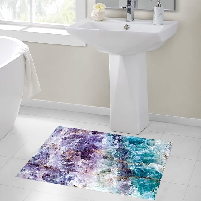 LB Purple Marble Bathroom Rug Abstract Geometric Non Slip Bath Mat Teal Crystal Mineral Doormat Memory Foam Super Absorbent Floor Mats,31.5x19.6 Inch
