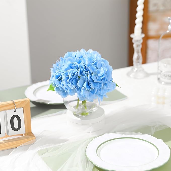 Blue Hydrangea Artificial Flower with Vase Fake Flower in Glass Vase with Faux Water for Home Bathroom Office Table Centerpiece Shelf Decorations Flowers