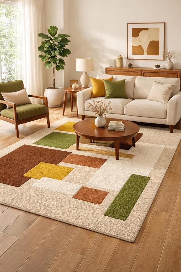 Hand Tufted Wool Geometric Rug-Mid-Century Modern Abstract Geometric Wool Earth Tone Green, Mustard & Terracotta Rug - Handmade Tufted Area Rug for Home Decor (7x7 Square Feet)
