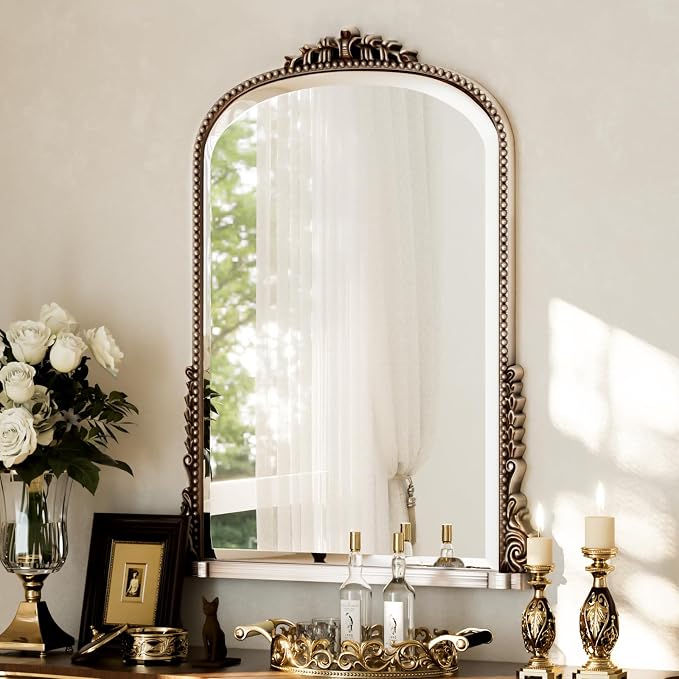 28"×40" Silver Wide Arched Wall Mirror, Vintage Carving Bathroom Vanity Makeup Mirror, as Wall Decor Hanging Leaning for Fireplace Mantle, Living Room, Bedroom, Vanity Area