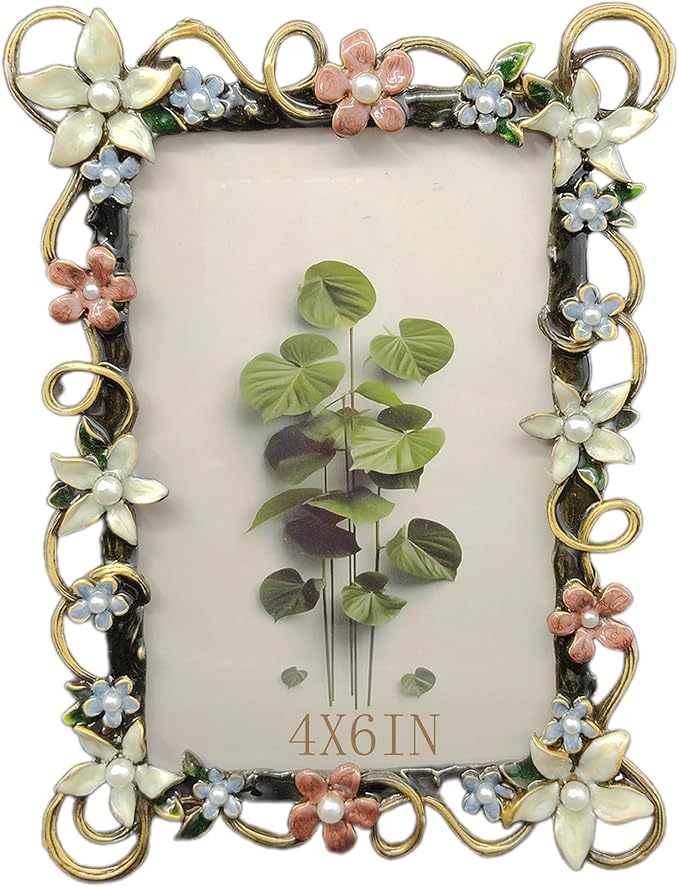 Vintage 4X6 Floral Picture Frames Luxury Unique Ornate Antique Metal Photo Frame of HD Glass for Tabletop/Wall Display Wedding Gifts for Women (Retro White Lace)