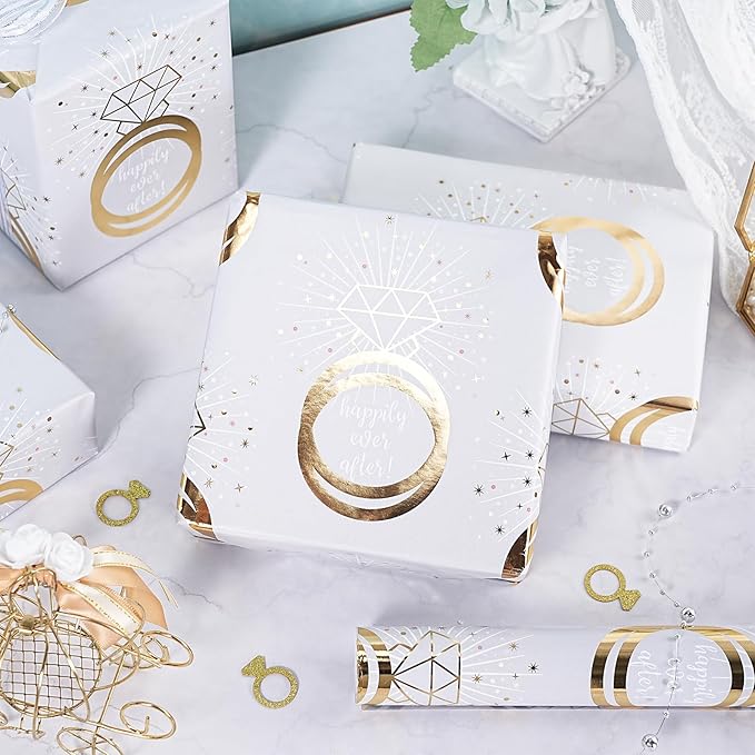 RUSPEPA Wedding Wrapping Paper Roll, Mini Roll, Gold Rings, Diamond Sparkle Design, Happy Ever After Elegant Gift Wrap for Bridal Shower, Wedding, Bachelorette Party, Engagement, 17 Inches x 16.4 Feet