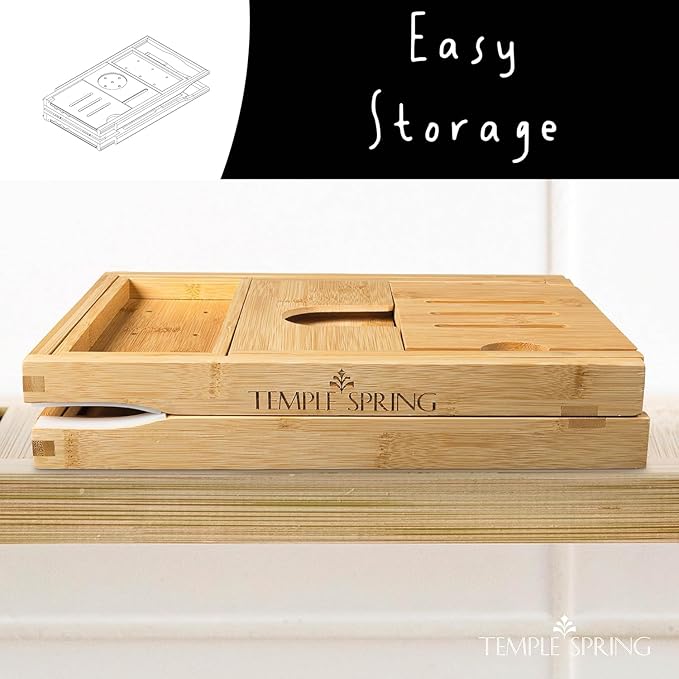 Temple Spring Foldable Bamboo Bathtub Tray Caddy for Tub — Expandable One-Piece Wood Bath Table with Wine Holder Book Stand and Non-Slip Pads — Space-Saving Bath Caddy — Housewarming