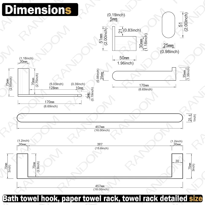 RANDOM 4 Piece Bathroom Hardware Set Matte Black Towel Bar Set Include 18 Inch Towel Bar Toilet Paper Holder and 2 Towel Hooks Stainless Steel Bathroom Decor Wall Mount Bathroom Accessories Kit.
