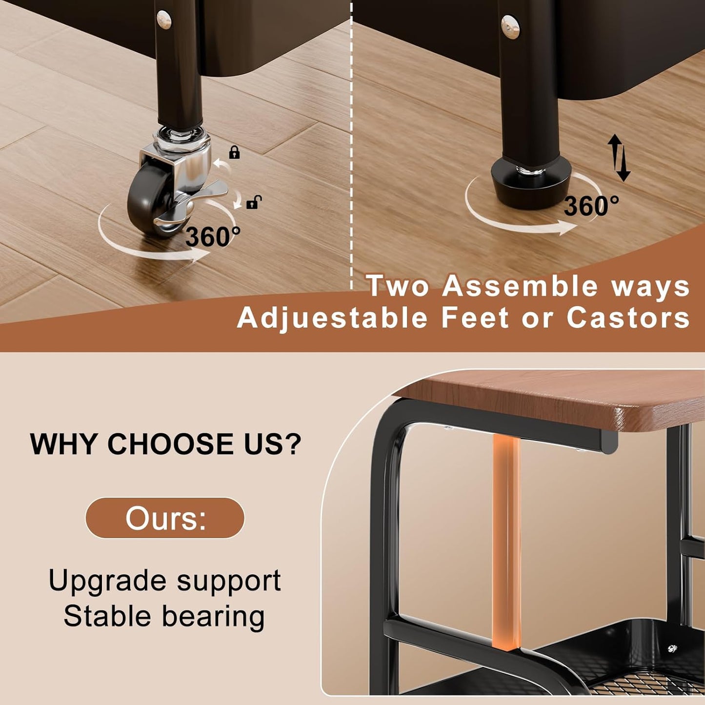 Skiennix Printer Stand - 3-Tier Rolling Cart with Wood Top & Storage Shelf | Mobile Utility for Office & Craft