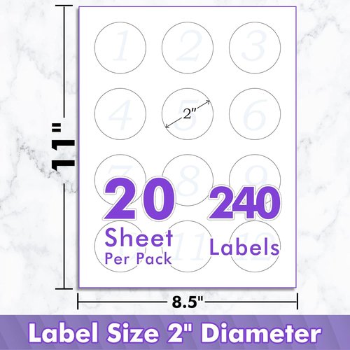 Koala 2-Inch Round Labels - Glossy Waterproof Printable Circle Stickers for Inkjet & Laser Printers | 240 Pack