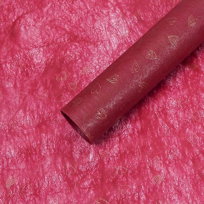 FAYADA 40 Sheet Korean Cotton Non-Woven Waterproof Flower Wrapping Paper, 22.8x22.8 Inch/pcs Floral Tissue Paper for flower bouquets Florist Supplies, Gift Packaging (Wine Red Heart)