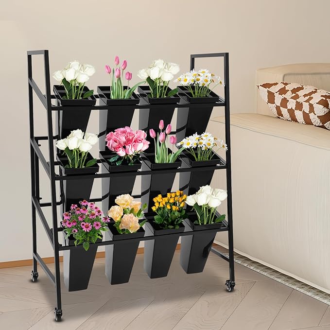 3-Layers Flower Display Stand Metal Plant Holder with 12PCS Buckets Moving Plant Cart Shelf Flower Shelf for Florist Garden Patio,3.28 * 1.84 * 4.04ft (Black Frame With Black Buckets)