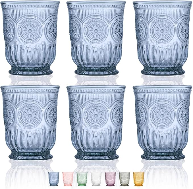 Blue Glassware set of 6 small dishwasher safe colored glasses, Blue glass cups, matching highball and wine glasses available