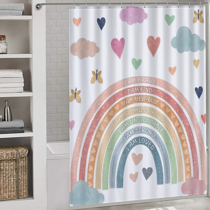 Pastel Rainbow Shower Curtain for Bathroom, Kids Girls Baby Boho Cute Inspirational Motivational Quotes Rainbow Colorful Waterproof Fabric Shower Curtain Set with Hooks, 72"x78" Inch