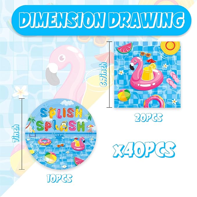 Pool Party Decorations 40Pcs Summer Beach Birthday Plates and Napkins Sets Supplies Serve 20 Flamingo Pool Party Birthday Decorations