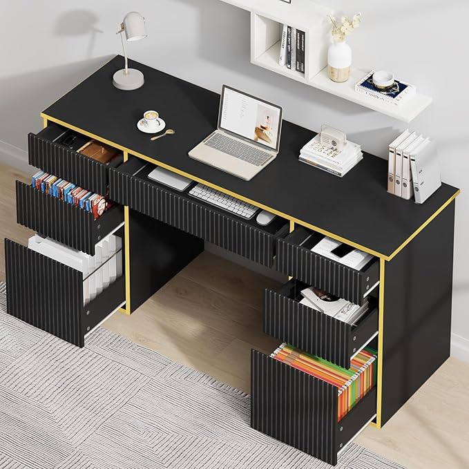 58 Inch Executive Desk with 7 Drawers, Black and Gold Desk with File Drawers for Bedroom, Home Office Desk with Storage for Study, Living Room