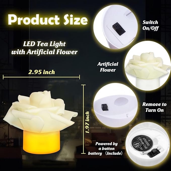 12 Pack Led Candles with Artificial Flowers, 200+Hour Battery Operated Tea Lights Candles for Centerpiece Table, Party, Wedding Decorations(White)