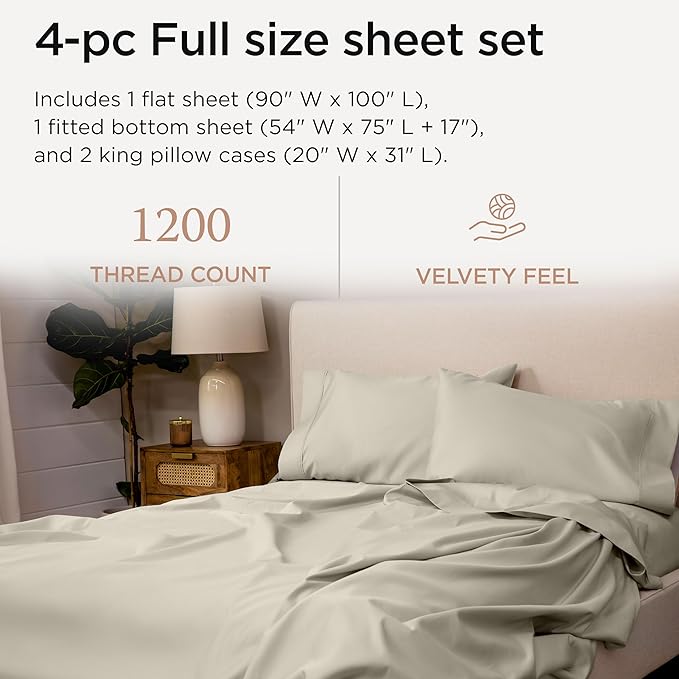 Threadmill Luxury Full Size Sheets for Full Size Mattress, 1200 Thread Count Supima Cotton Sheets for Full Mattress, 5-Star Hotel Quality 4 Piece Bed Sheets with Extra Deep Pocket, Taupe