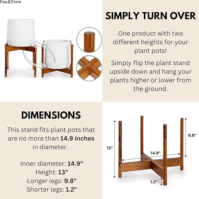 Fox & Fern Mid Century Plant Stand — 14.9 Inch Fixed Size Wooden Plant Stand for Indoor Planters (Not Included) - Extra Large Flower Pot Holder for Indoor Big Pots - Plug In Design - Acacia