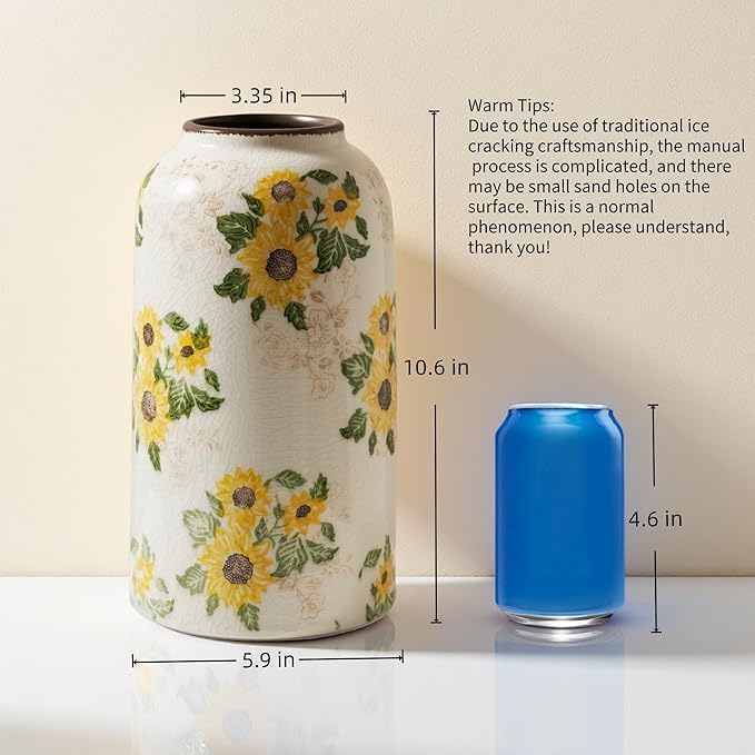 Vintage Pastoral Ceramic Vase, 10.6 inch Yellow and Beige Sunflower Floral Rustic Farmhouse Antique Retro Ice Cracked Chinoiserie Vases for Home Decor Living Room Tuscan Decor (Large)
